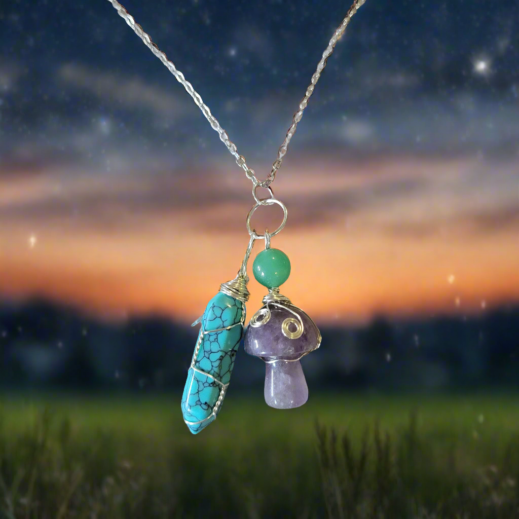 Turquoise & Amethyst Amulet Pendant Lucky Charm Necklace