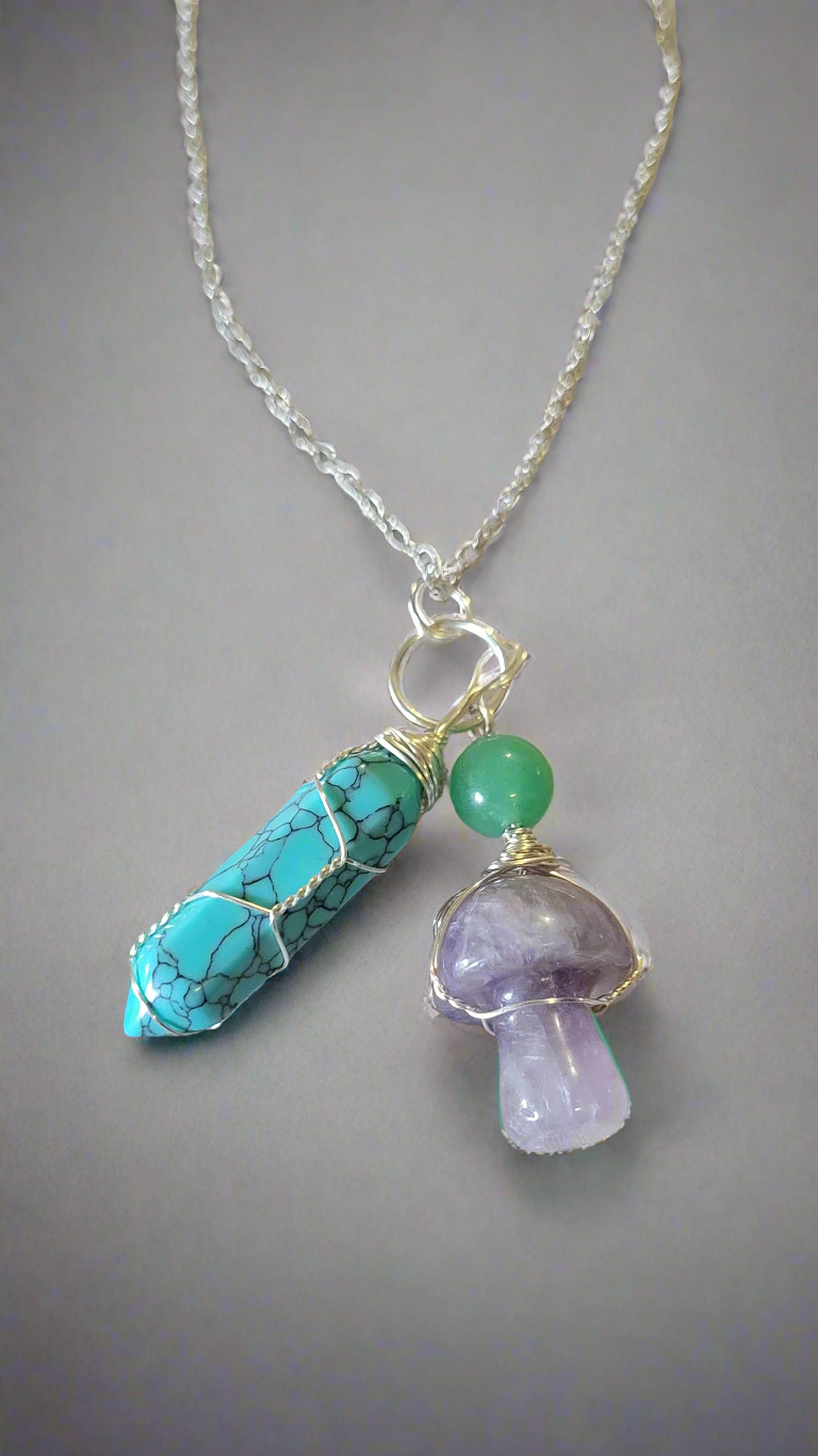 Turquoise & Amethyst Amulet Pendant Lucky Charm Necklace