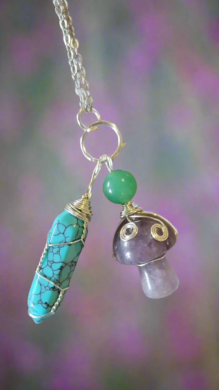 Turquoise & Amethyst Amulet Pendant Lucky Charm Necklace