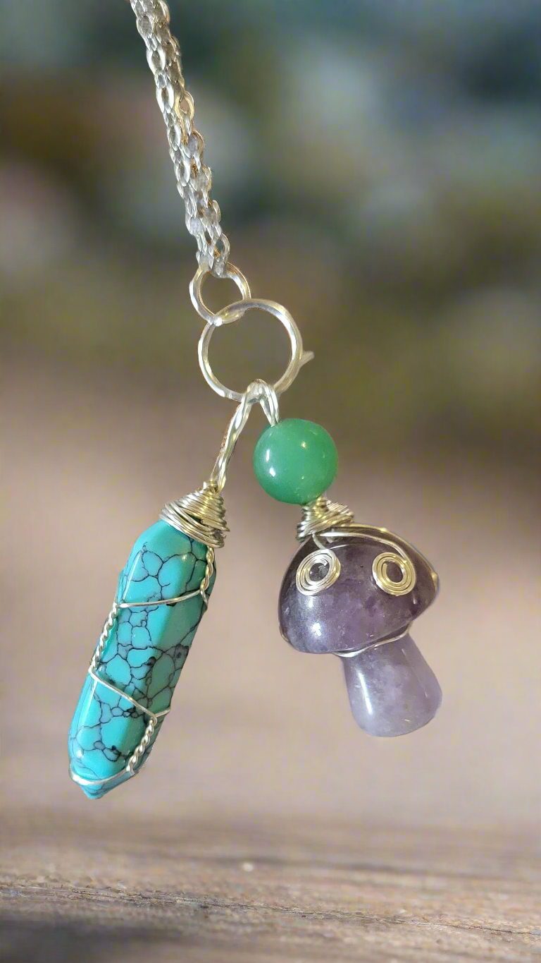 Turquoise & Amethyst Amulet Pendant Lucky Charm Necklace