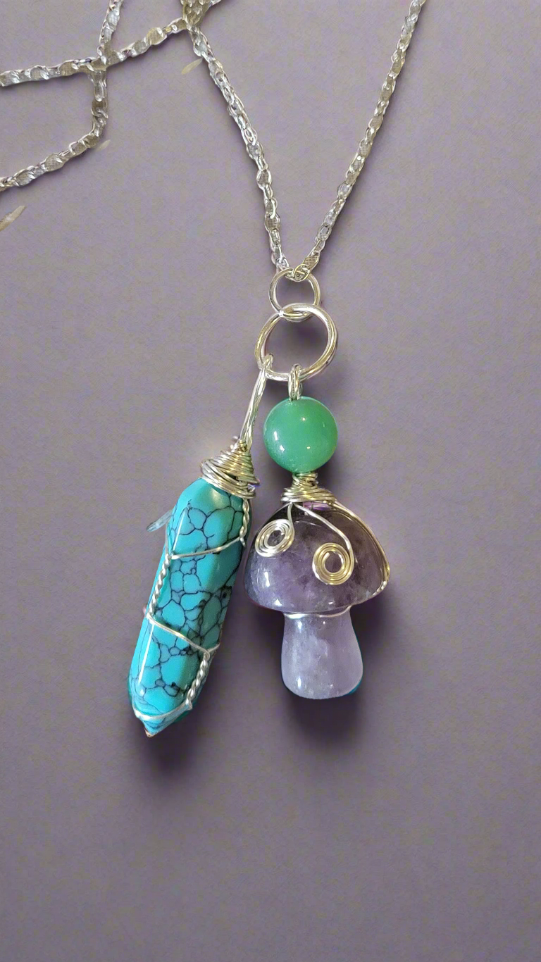 Turquoise & Amethyst Amulet Pendant Lucky Charm Necklace