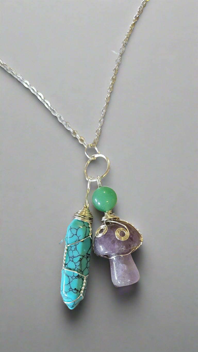 Turquoise & Amethyst Amulet Pendant Lucky Charm Necklace