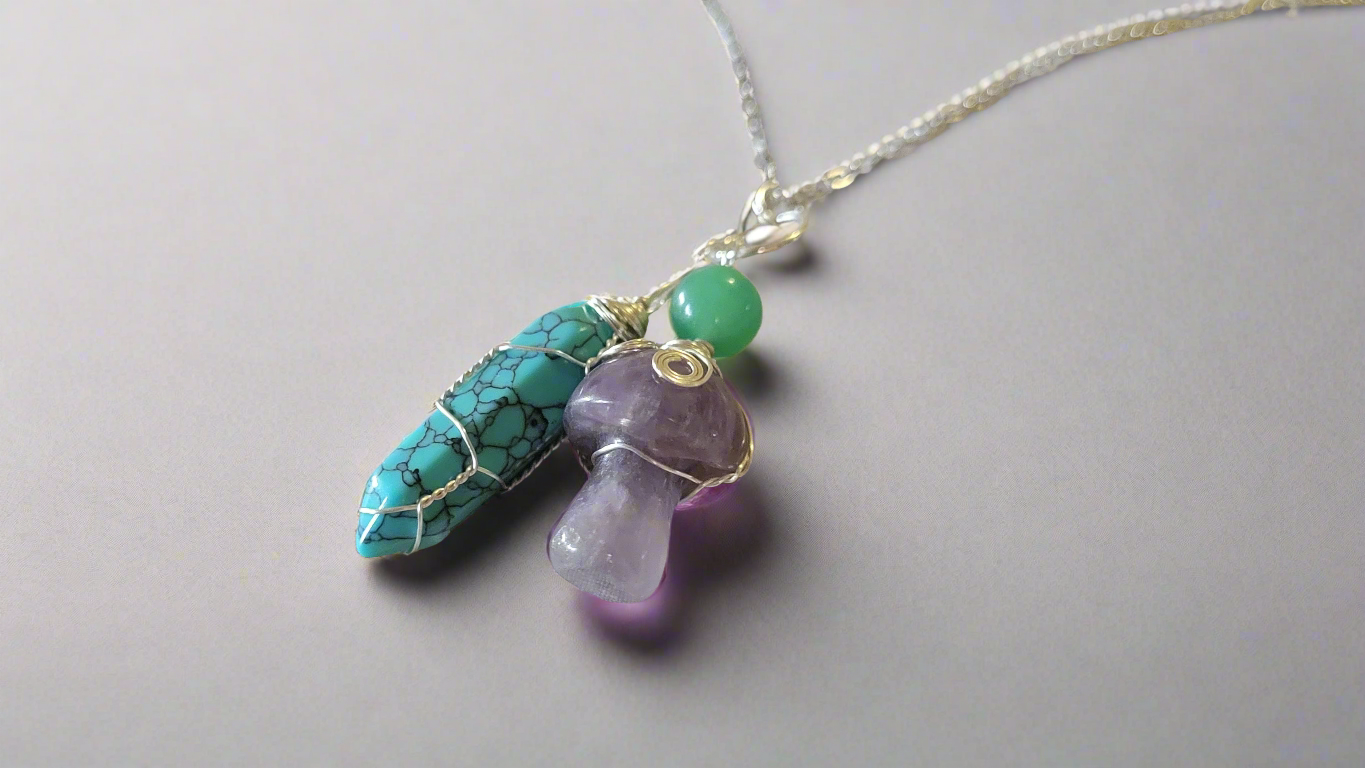 Turquoise & Amethyst Amulet Pendant Lucky Charm Necklace