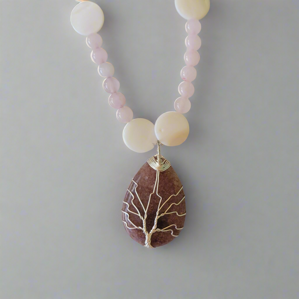 Strawberry Quartz Tree of Life Teardrop Pendant Rose Quartz & Seashell Bead Necklace