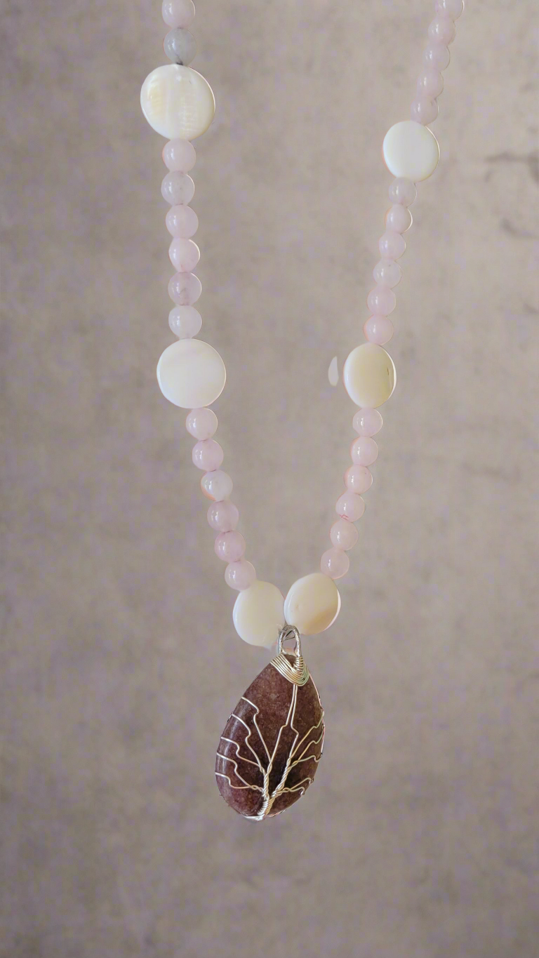 Strawberry Quartz Tree of Life Teardrop Pendant Rose Quartz & Seashell Bead Necklace