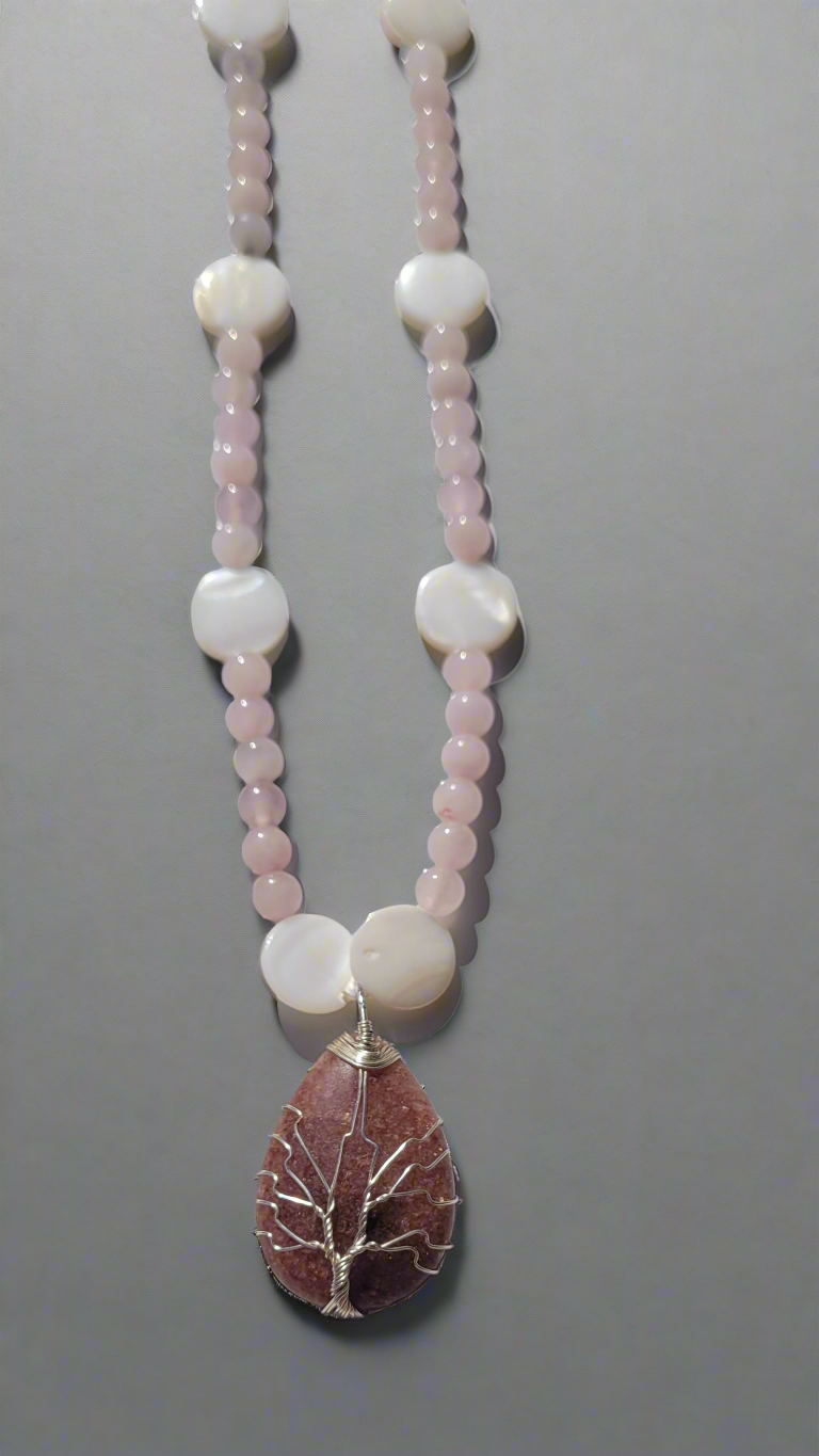 Strawberry Quartz Tree of Life Teardrop Pendant Rose Quartz & Seashell Bead Necklace