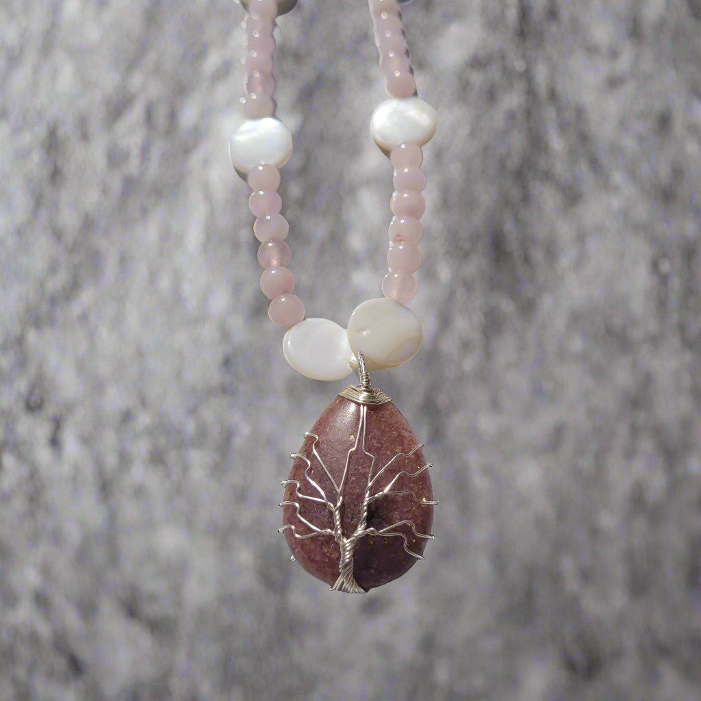 Strawberry Quartz Tree of Life Teardrop Pendant Rose Quartz & Seashell Bead Necklace