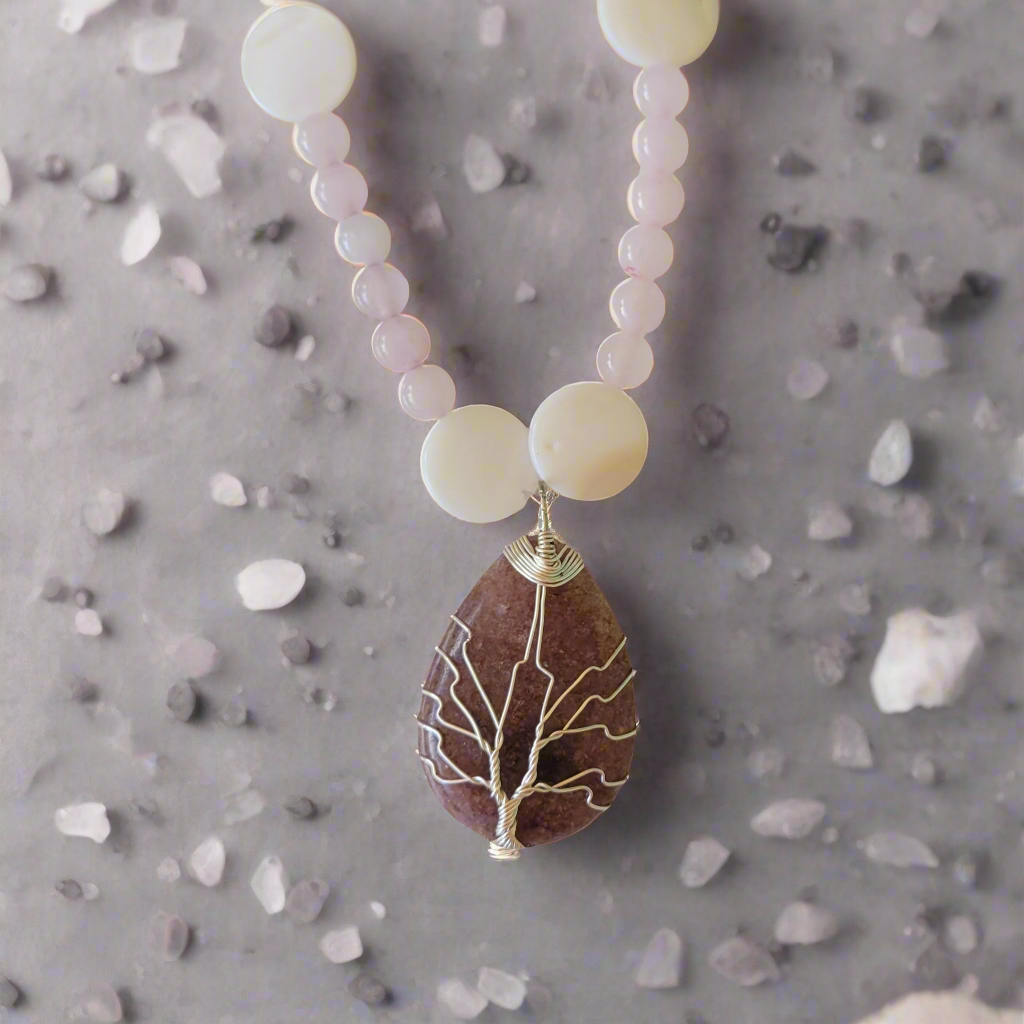 Strawberry Quartz Tree of Life Teardrop Pendant Rose Quartz & Seashell Bead Necklace