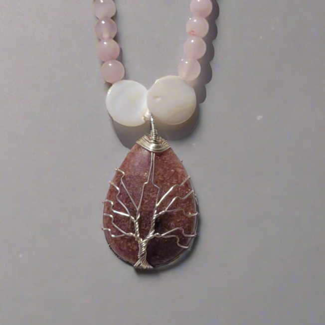 Strawberry Quartz Tree of Life Teardrop Pendant Rose Quartz & Seashell Bead Necklace