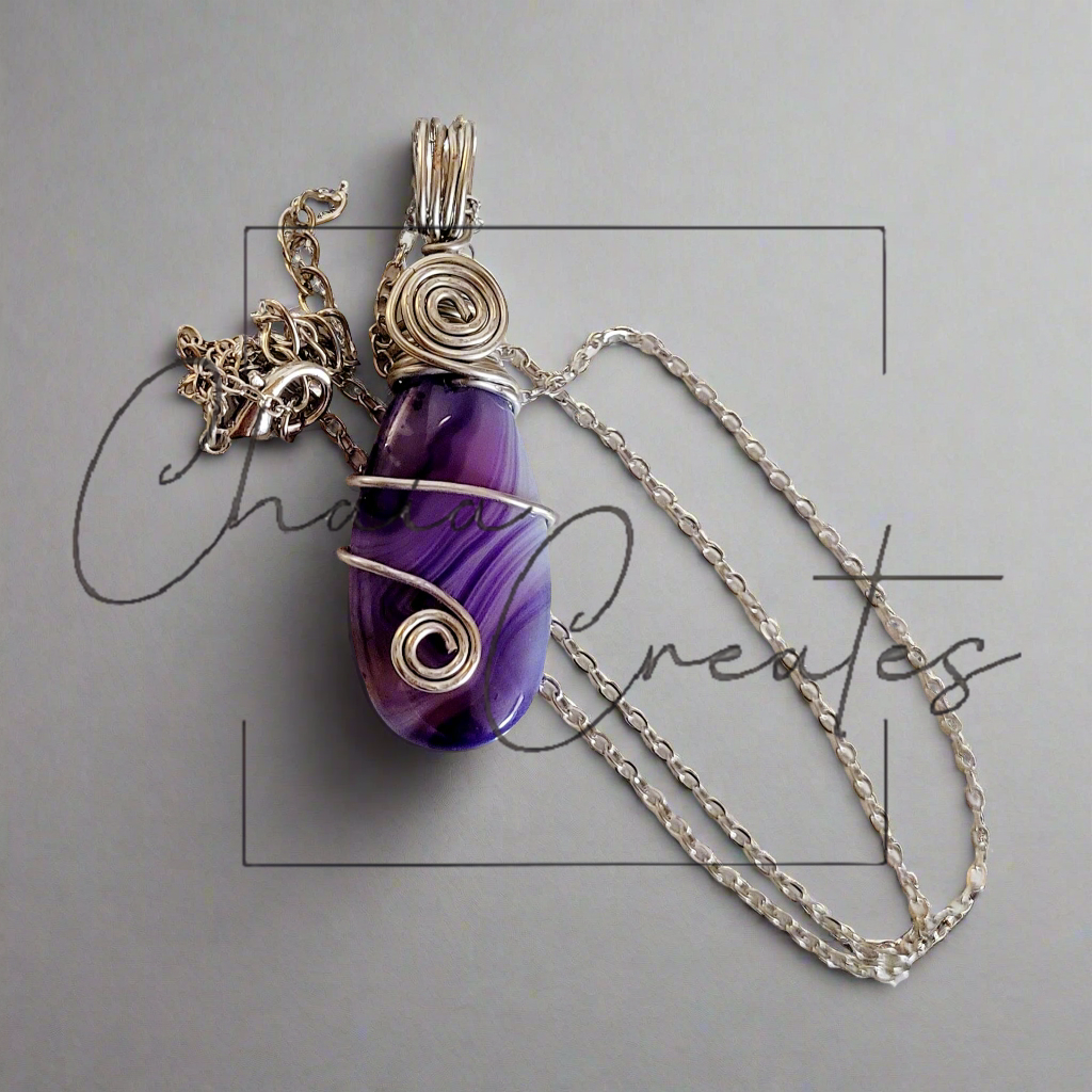 Purple White Stripe Agate Teardrop Pendant Necklace