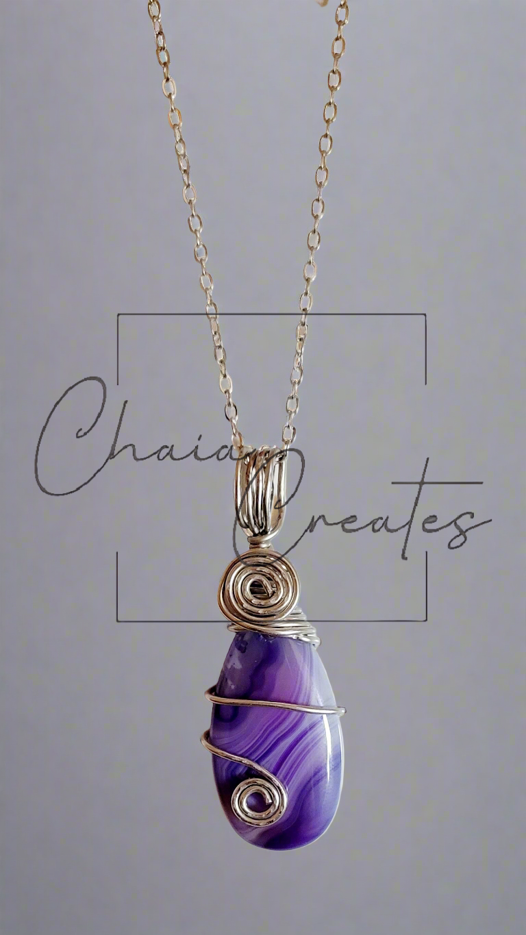 Purple White Stripe Agate Teardrop Pendant Necklace