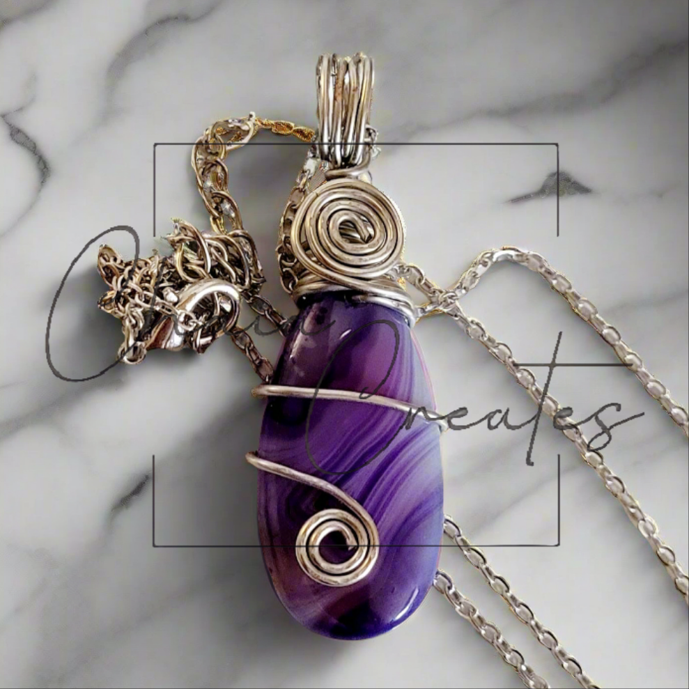 Purple White Stripe Agate Teardrop Pendant Necklace