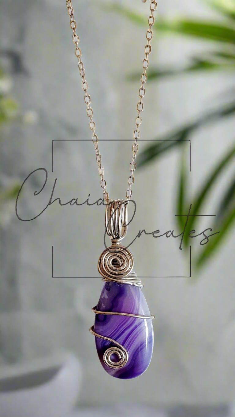 Purple White Stripe Agate Teardrop Pendant Necklace