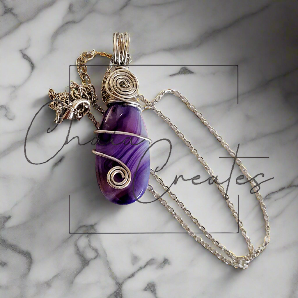 Purple White Stripe Agate Teardrop Pendant Necklace