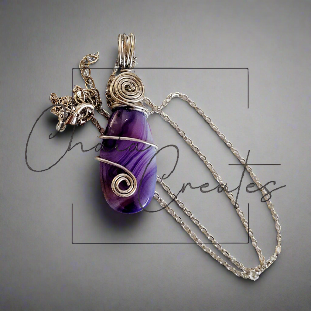 Purple White Stripe Agate Teardrop Pendant Necklace