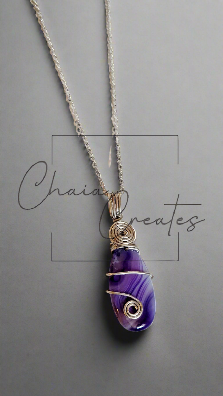 Purple White Stripe Agate Teardrop Pendant Necklace