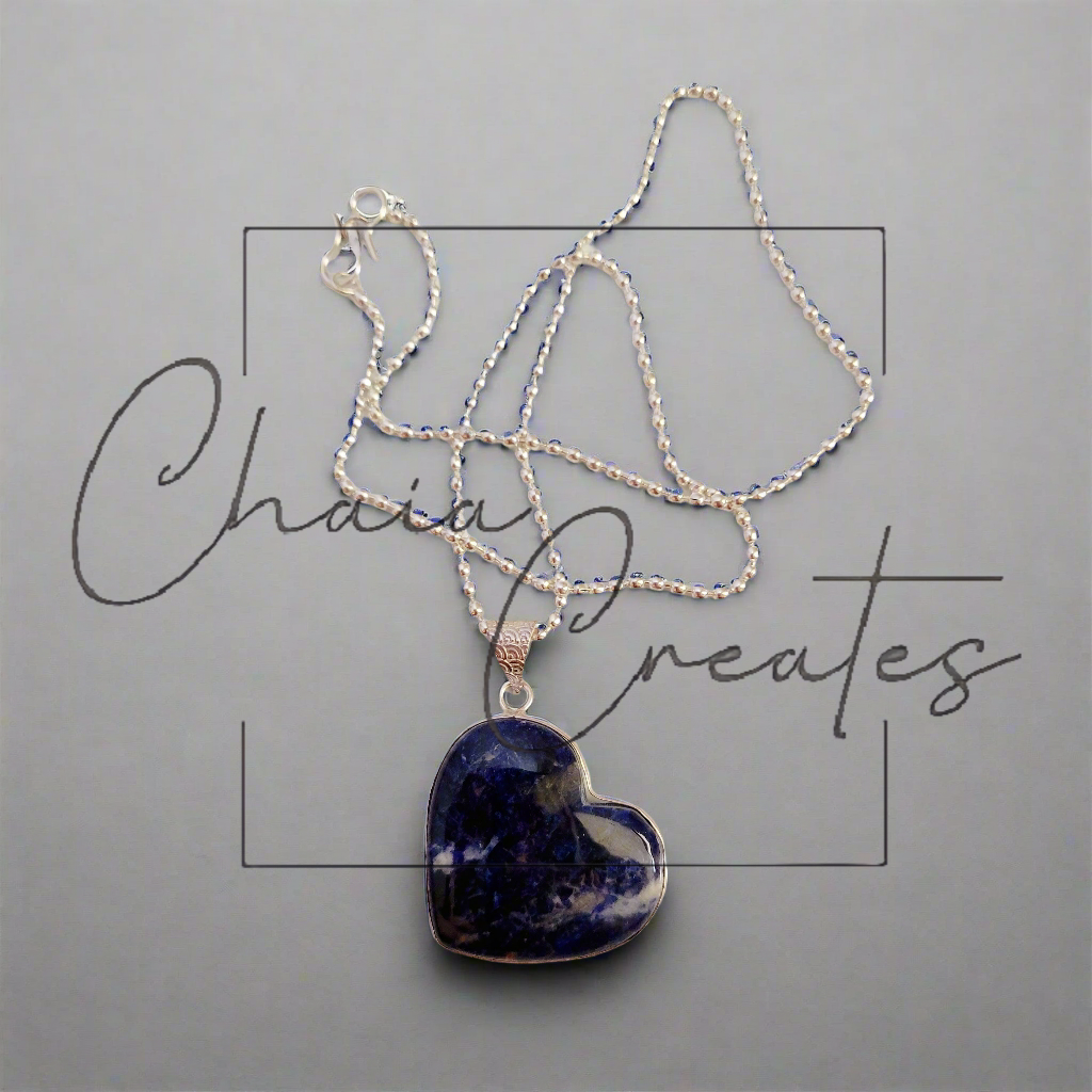 Sodalite Heart Amulet Pendant Sterling Silver Ball Chain Necklace