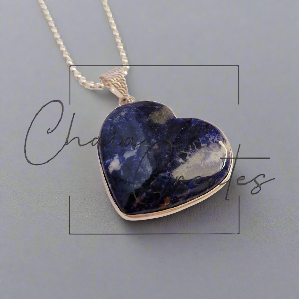 Sodalite Heart Amulet Pendant Sterling Silver Ball Chain Necklace