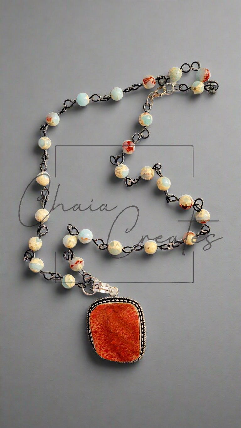 Red Sea Sediment Jasper Sterling Silver Pendant Beaded Chain Necklace