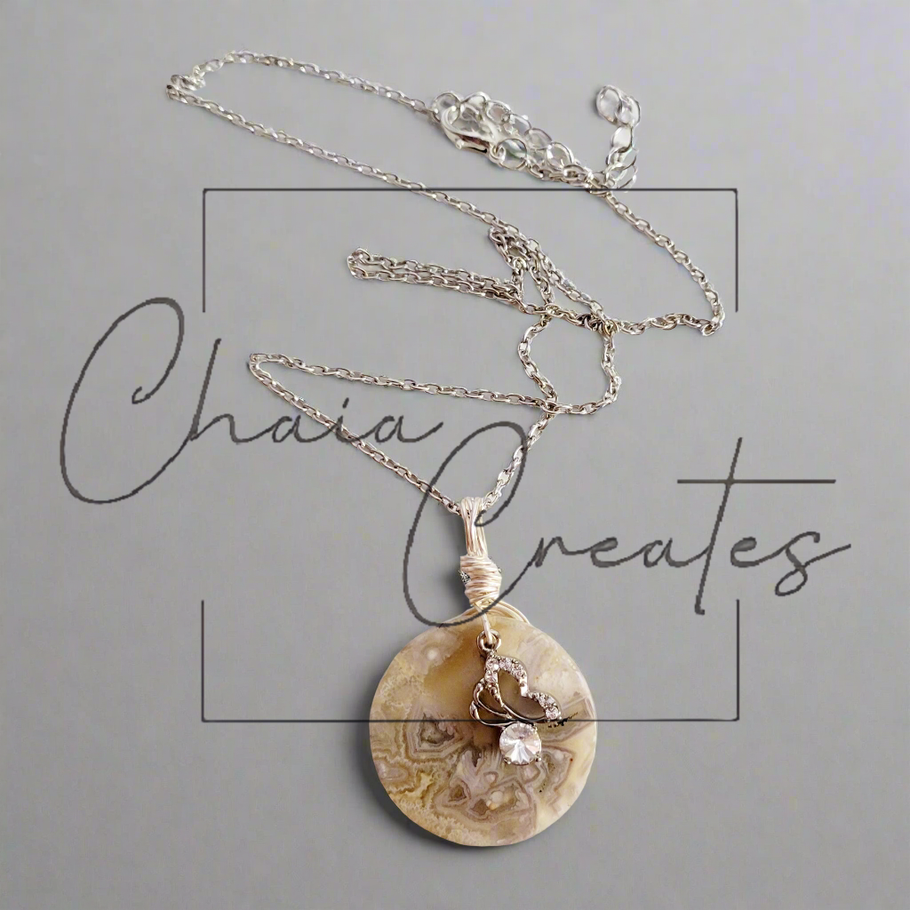 Mexico Crazy Lace Agate CZ Clear Gem Butterfly Necklace ©2024 Chaia Creates. All rights reserved. Unauthorized use or duplication of this content is prohibited.