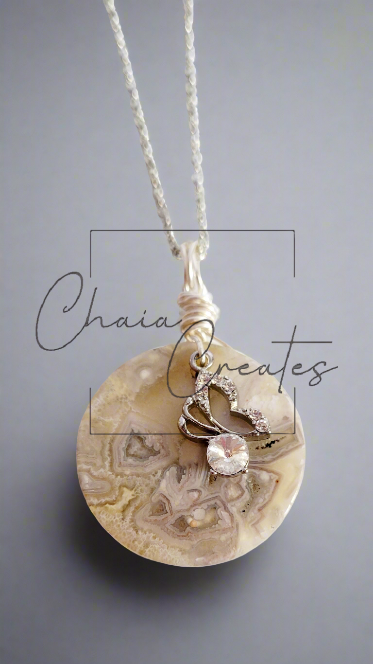 Mexico Crazy Lace Agate CZ Clear Gem Butterfly Necklace ©2024 Chaia Creates. All rights reserved. Unauthorized use or duplication of this content is prohibited.