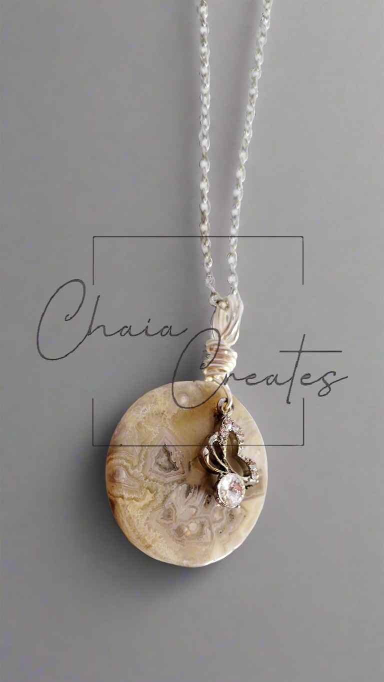 Mexico Crazy Lace Agate CZ Clear Gem Butterfly Necklace ©2024 Chaia Creates. All rights reserved. Unauthorized use or duplication of this content is prohibited.