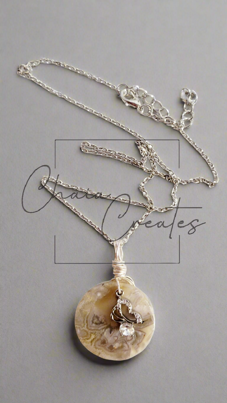 Mexico Crazy Lace Agate CZ Clear Gem Butterfly Necklace ©2024 Chaia Creates. All rights reserved. Unauthorized use or duplication of this content is prohibited.