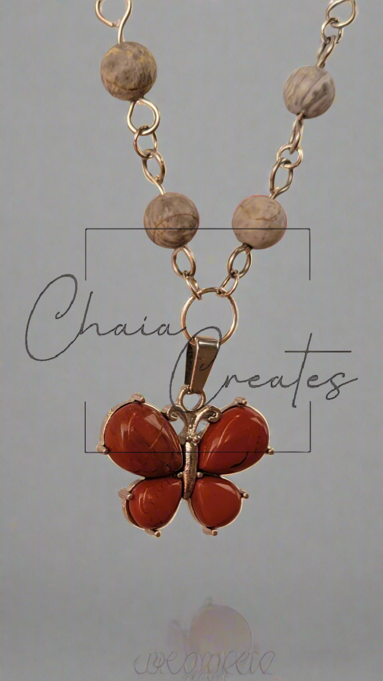 Flame Jasper Butterfly Pendant on Grey Jasper Necklace – Elegant and Unique Jewelry