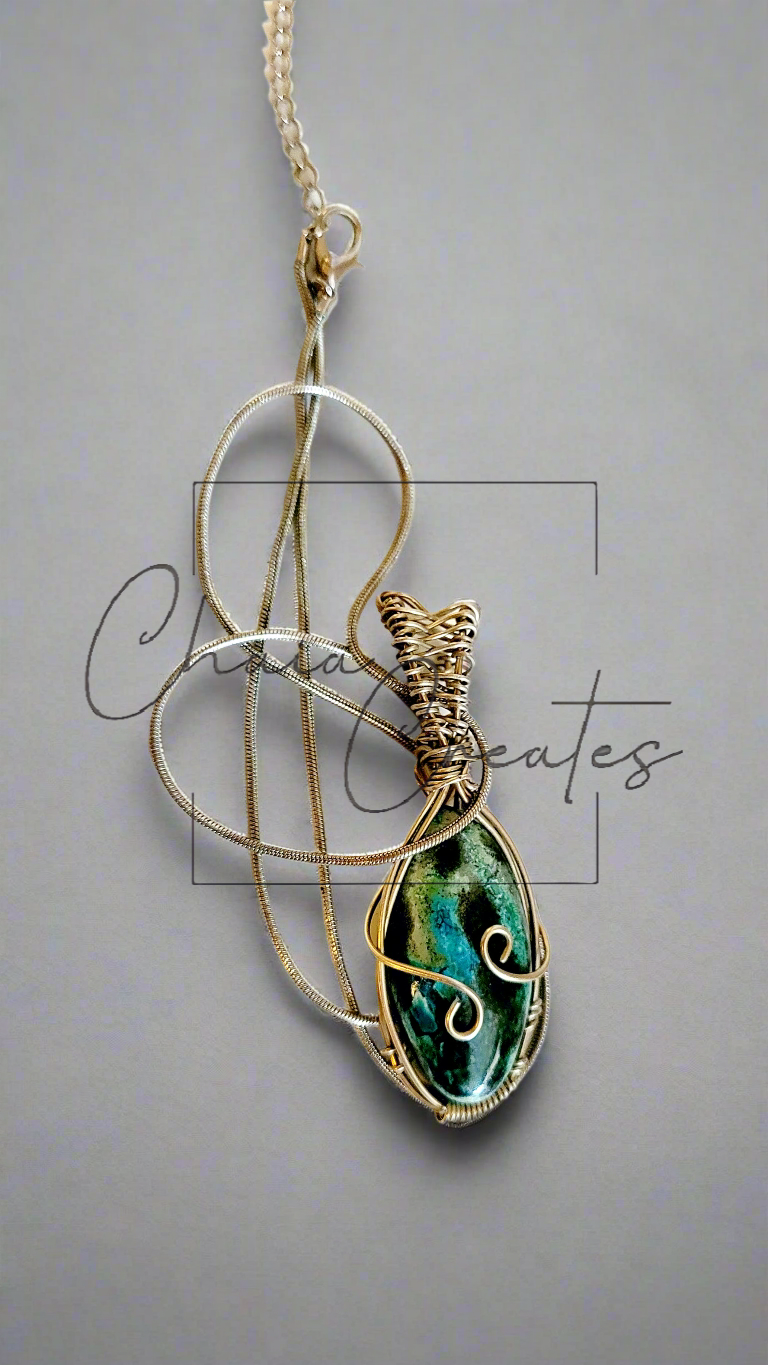 Labradorite Oval Stone Silver Wire Wrapped Pendant on Snake Chain Necklace