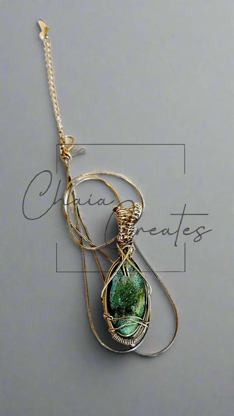 Labradorite Oval Stone Silver Wire Wrapped Pendant on Snake Chain Necklace