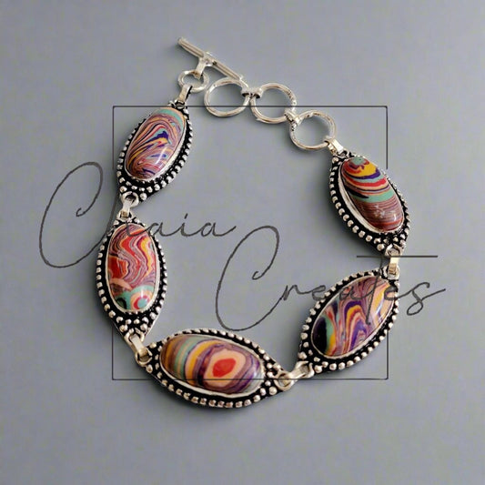 Rainbow Calsilica Sterling Silver Double Link Bracelet