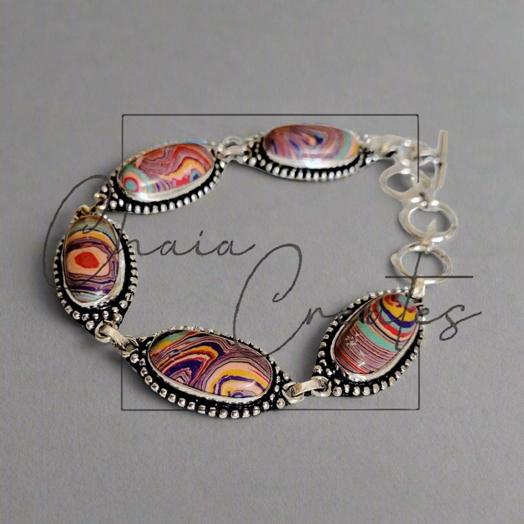 Rainbow Calsilica Sterling Silver Double Link Bracelet