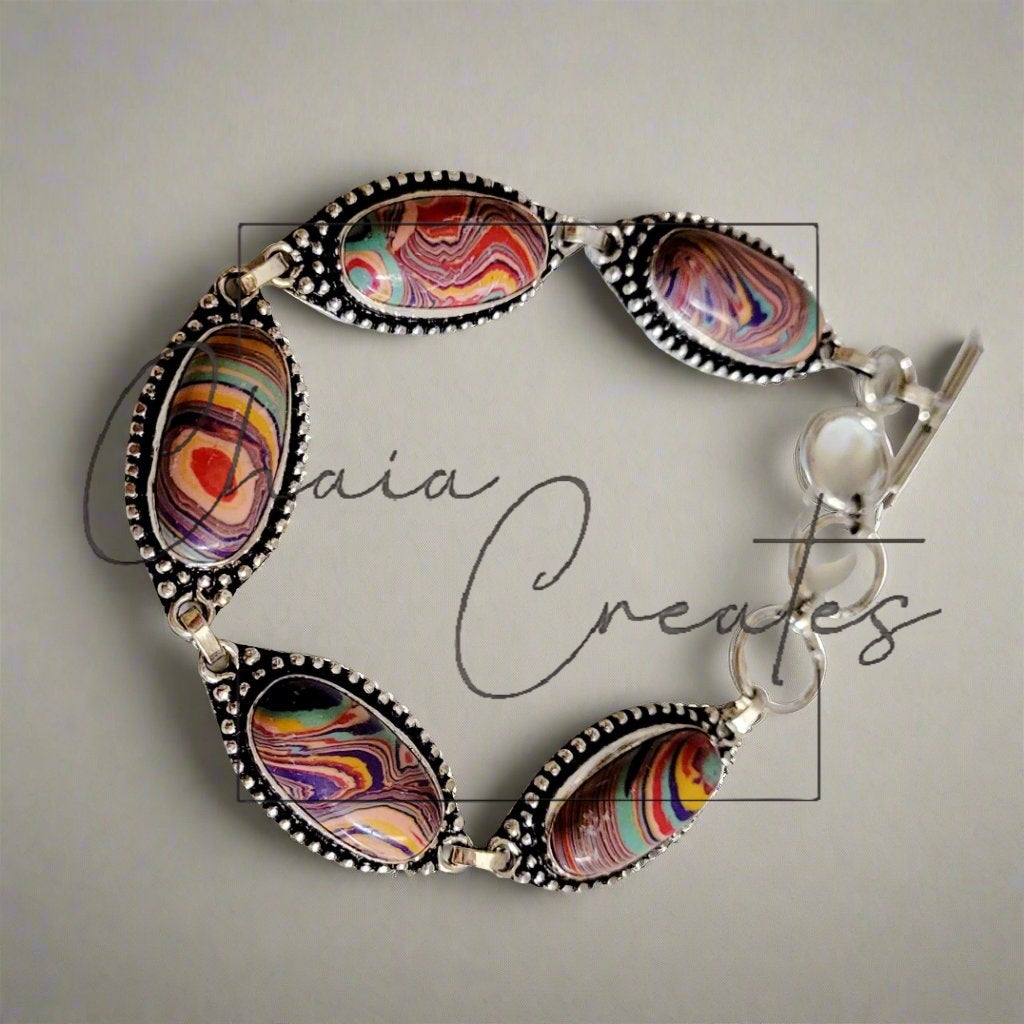 Rainbow Calsilica Sterling Silver Double Link Bracelet