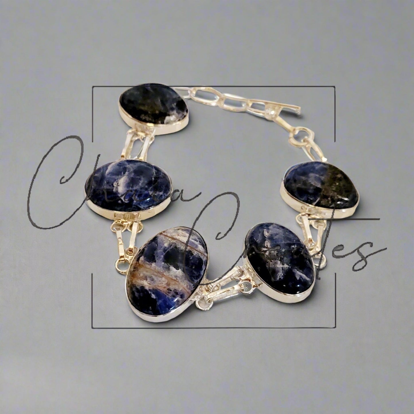 Sodalite Oval and Round Sterling Silver Double Link Bracelet