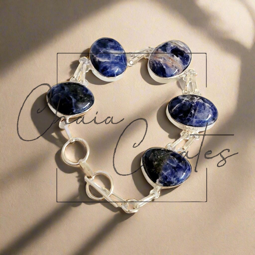 Sodalite Oval and Round Sterling Silver Double Link Bracelet