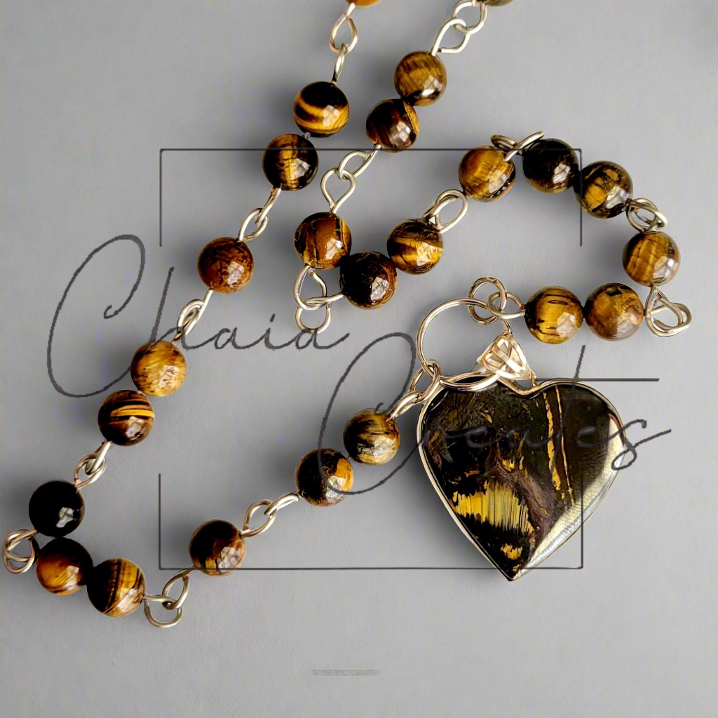 Tiger's Eye Heart .925 Sterling Silver Pendant on Tiger's Eye Beaded Necklace