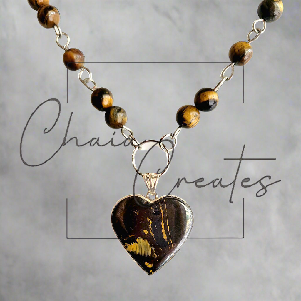 Tiger's Eye Heart .925 Sterling Silver Pendant on Tiger's Eye Beaded Necklace