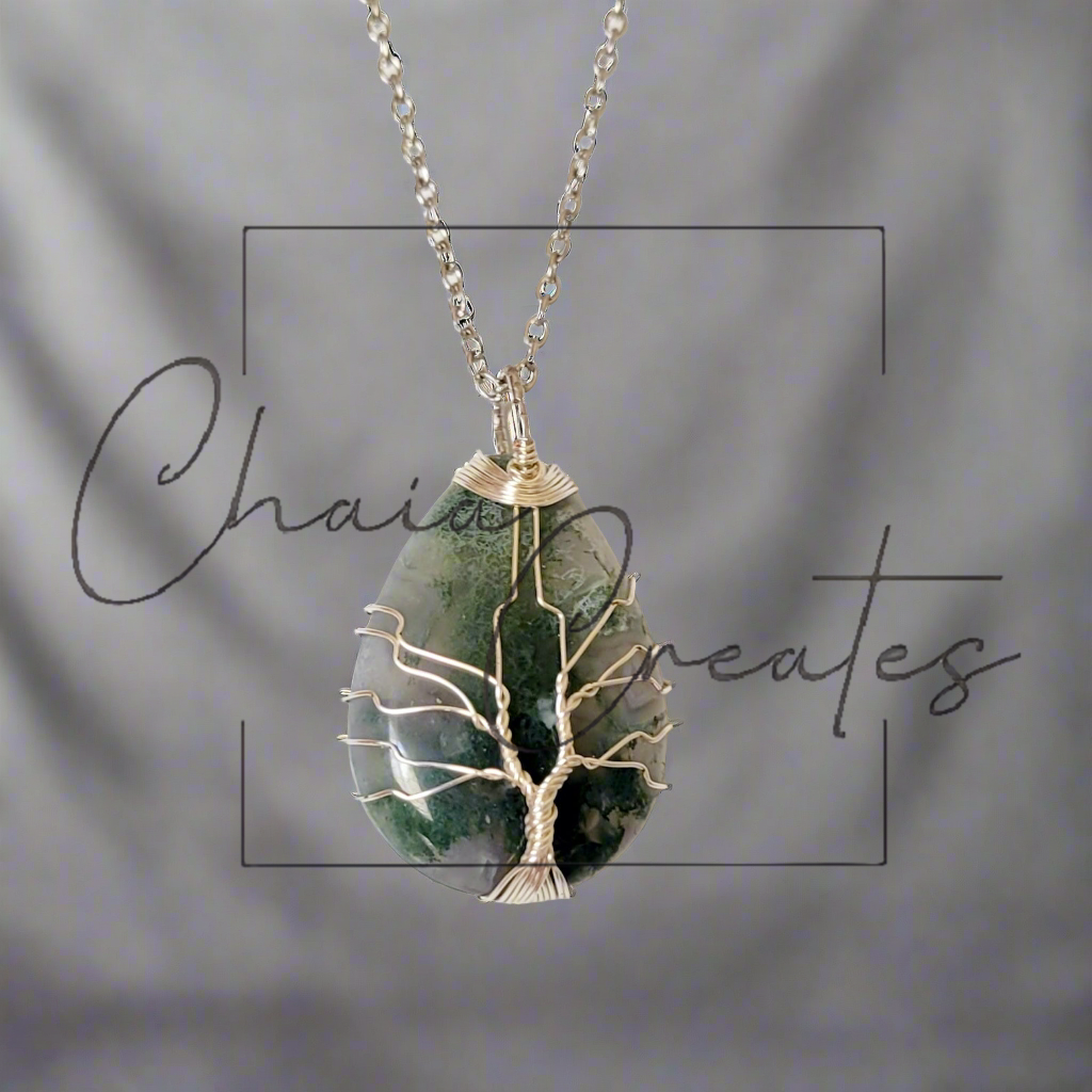 Moss Agate Teardrop Tree of Life Wire Wrap Necklace