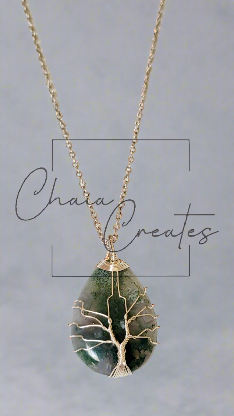 Moss Agate Teardrop Tree of Life Wire Wrap Necklace