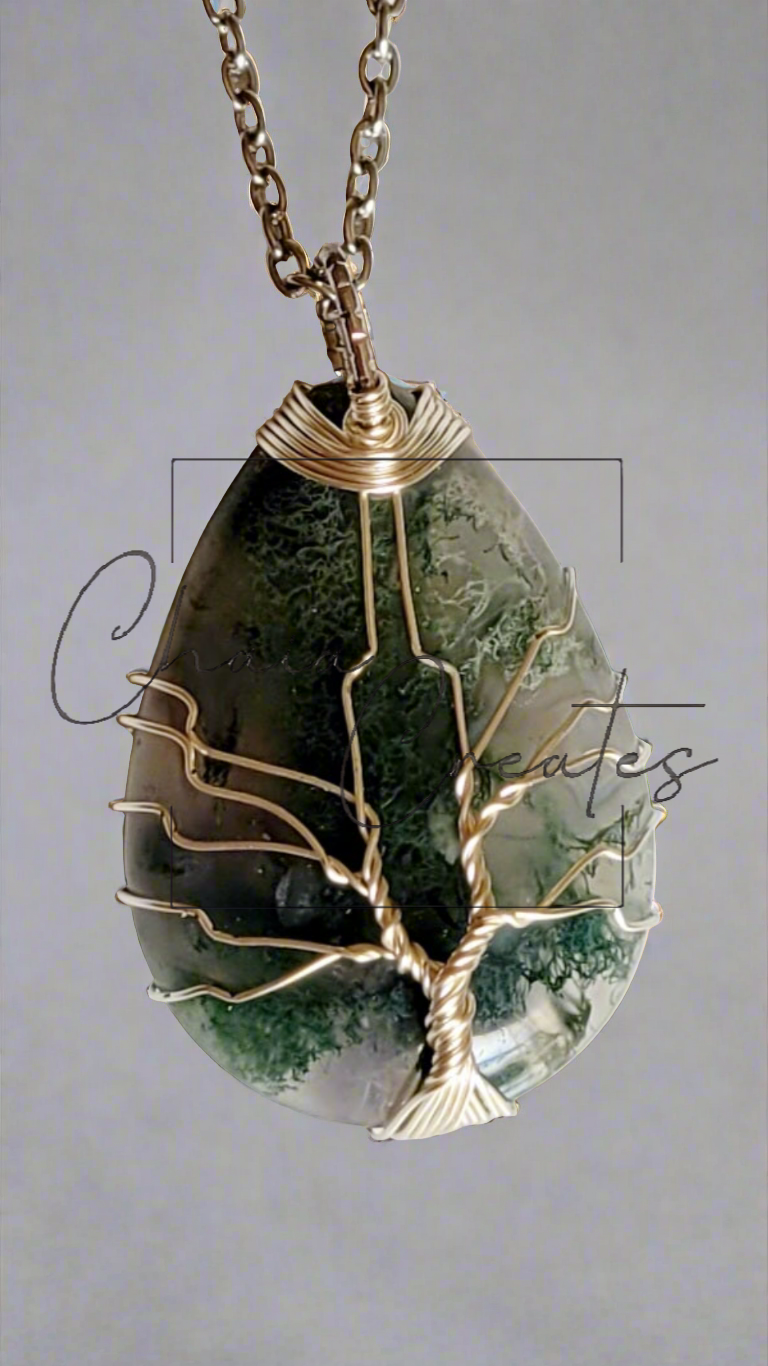 Moss Agate Teardrop Tree of Life Wire Wrap Necklace