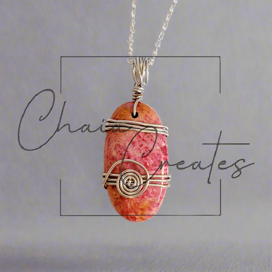 Pink & Orange Chrysanthemum Agate Oval Spiral Swirls Wire Wrap Amulet Pendant Necklace