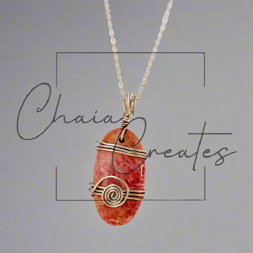 Pink & Orange Chrysanthemum Agate Oval Spiral Swirls Wire Wrap Amulet Pendant Necklace