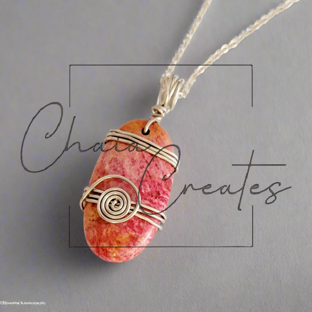 Pink & Orange Chrysanthemum Agate Oval Spiral Swirls Wire Wrap Amulet Pendant Necklace