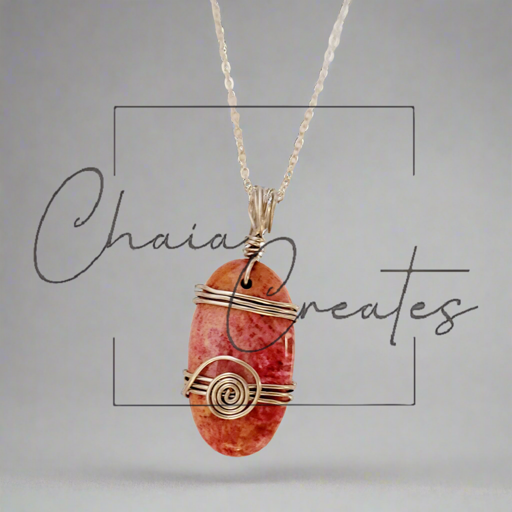 Pink & Orange Chrysanthemum Agate Oval Spiral Swirls Wire Wrap Amulet Pendant Necklace