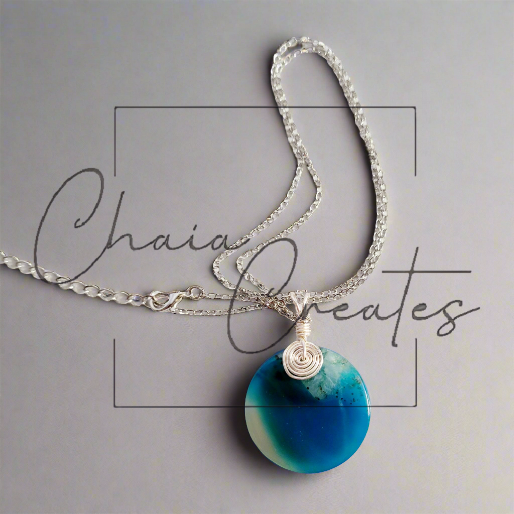 Blue Clear Druzy Agate Round Silver Wire Wrapped Pendant Necklace