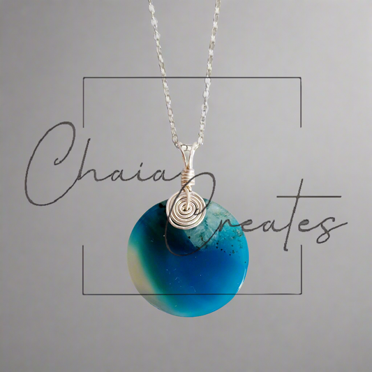 Blue Clear Druzy Agate Round Silver Wire Wrapped Pendant Necklace