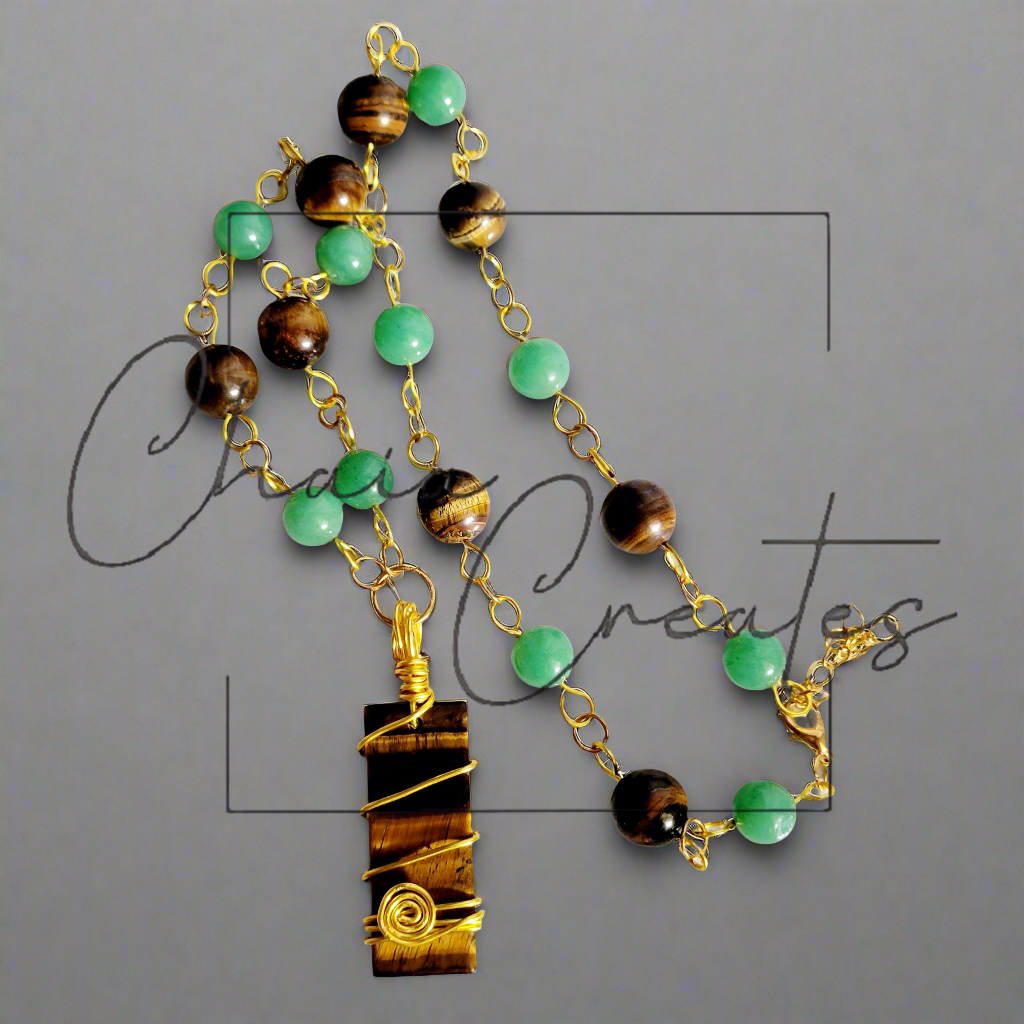 Tiger's Eye Pendant Golden Wire Wrap Tiger's Eye and Green Aventurine Beaded Necklace