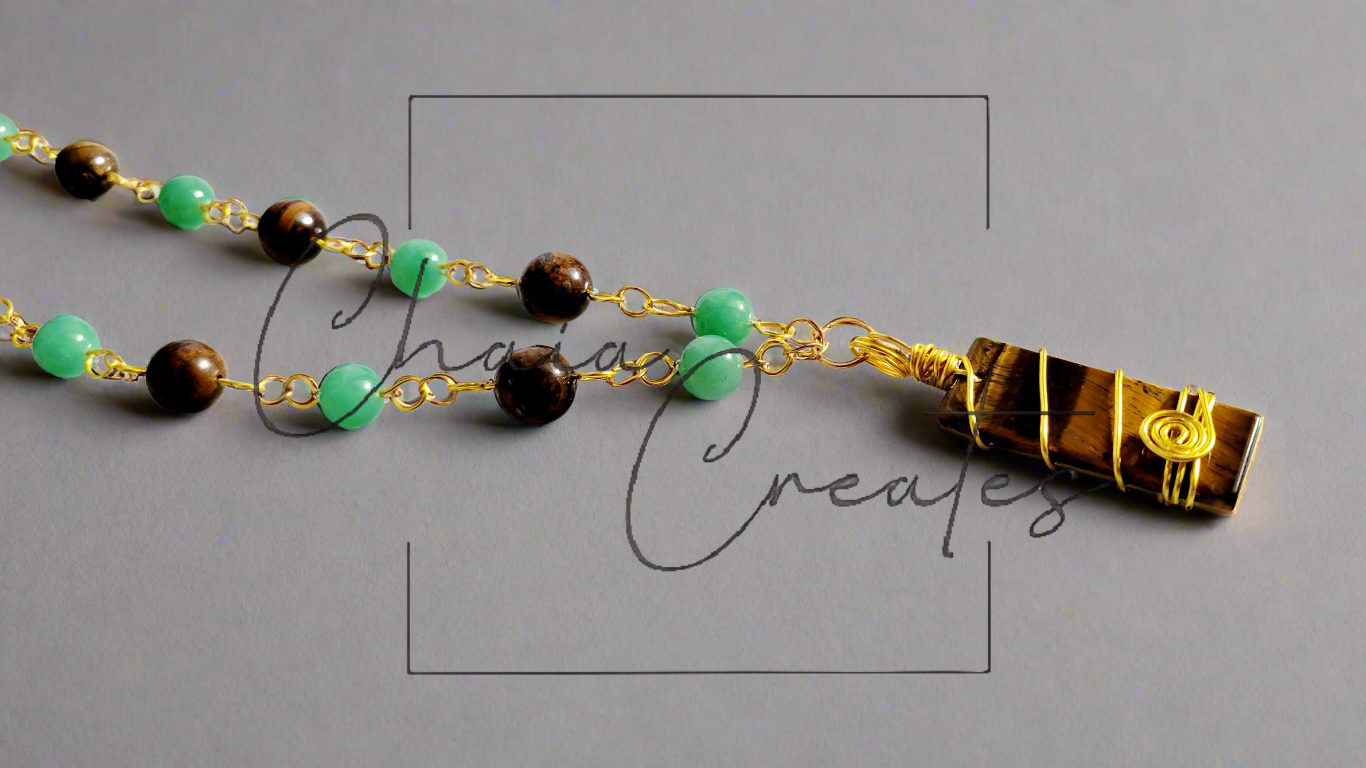 Tiger's Eye Pendant Golden Wire Wrap Tiger's Eye and Green Aventurine Beaded Necklace