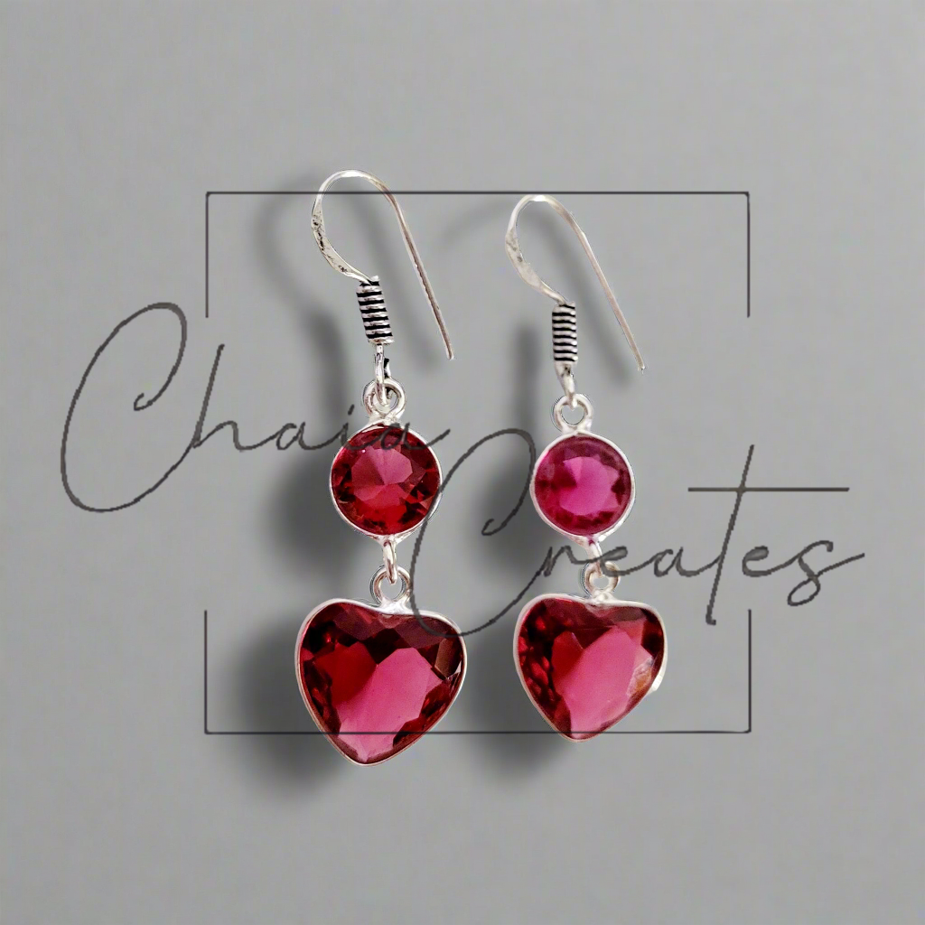 Garnet Heart Dangle Earrings in .925 Sterling Silver