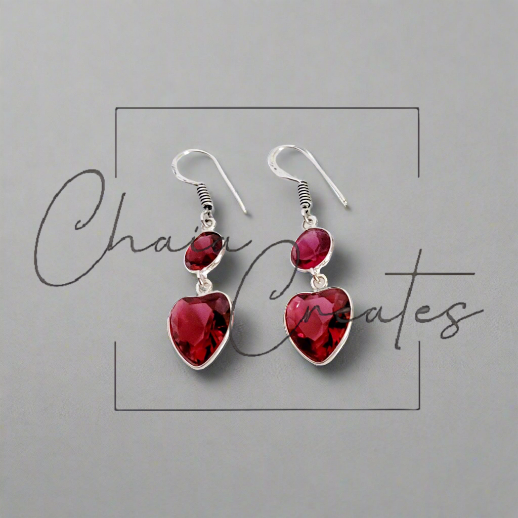 Garnet Heart Dangle Earrings in .925 Sterling Silver